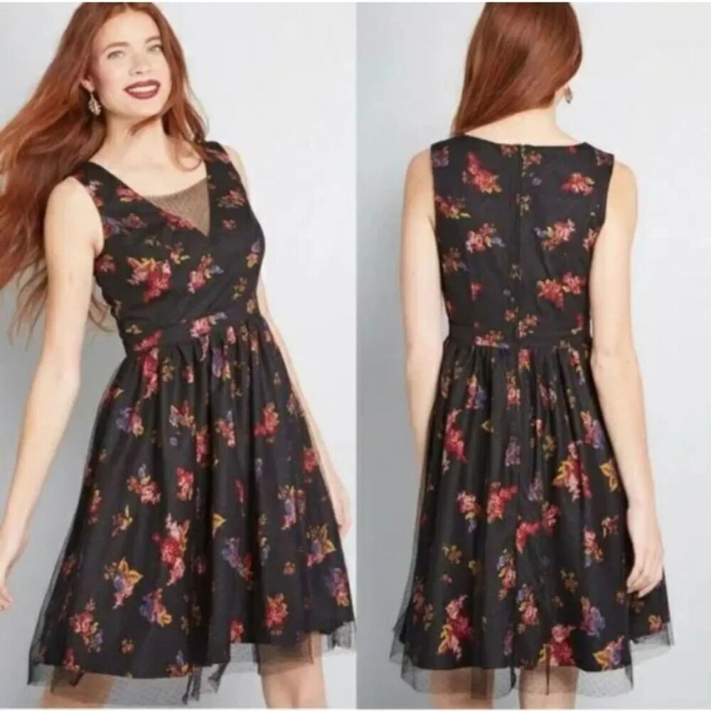 ModCloth Womens Delightful Sight A Line‎ Black Floral Lace Overlay Dress Size XL